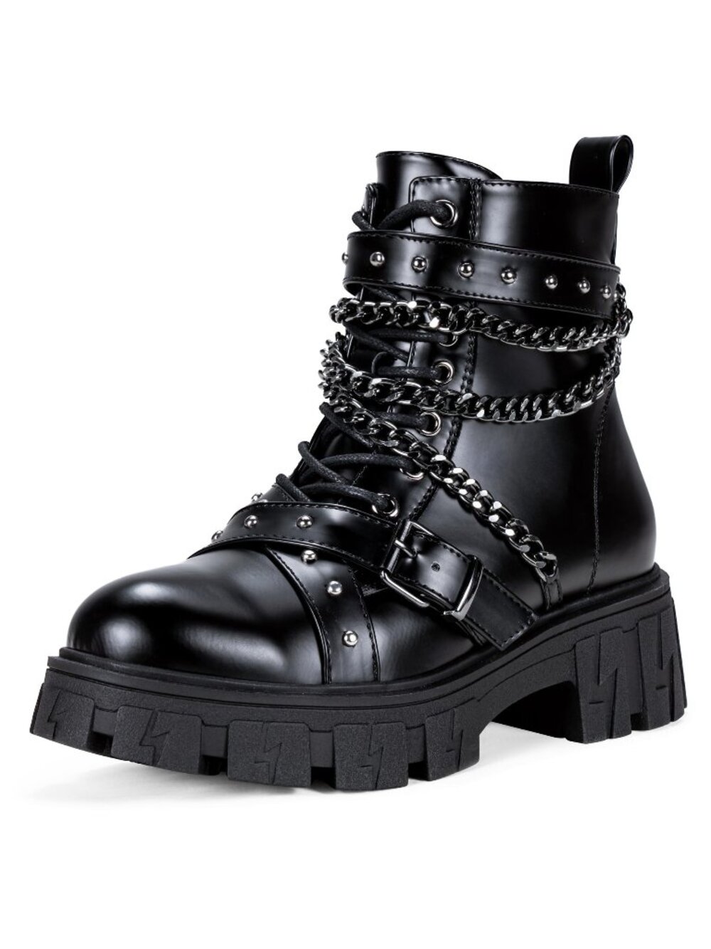 Jeossy SZ 8 Black Combat Boots, Platform Motorcycle Chain Studded, Lace up Ankle